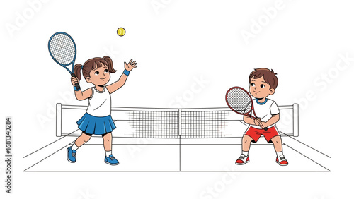 Children's Tennis Match: Two young tennis players are shown playing tennis with focus, determination, and skill, the lively match is a display of healthy activity and sportsmanship.