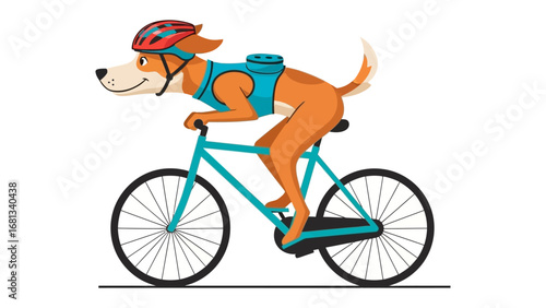 Dog on a Bicycle Adventure: A cheerful cartoon dog sporting a helmet and backpack pedals a bicycle with boundless energy and glee, epitomizing the joy of outdoor recreation.