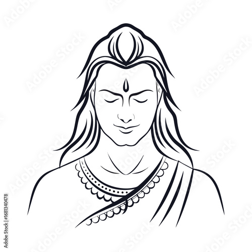 Elegant Line Art Depiction of a Serene Spiritual Figure Meditating with Closed Eyes and Traditional Clothing, Emanating Tranquility and Wisdom