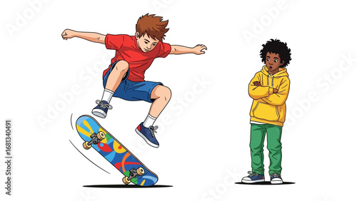 Skateboarder and Observer: Capturing a vibrant moment, one boy performs a gravity-defying skateboarding trick, while another watches with curiosity and wonder.