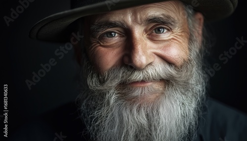 Elderly Gentleman Sporting A Lengthy Beard And Broad Grin Against A Dark Background. A Portrait Of Wisdom And Cheer.
