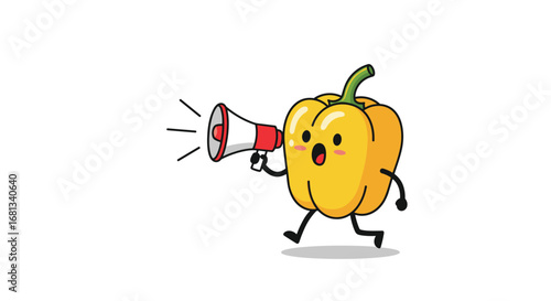 Cute yellow bell pepper character running and shouting loudly through a megaphone promoting healthy eating