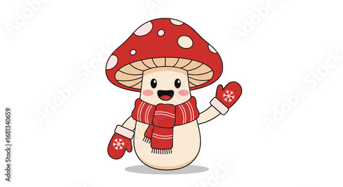 Cute kawaii mushroom character wearing a scarf and mittens waving hello