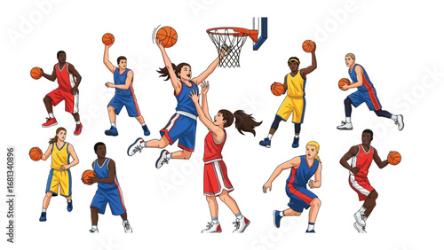 Basketball Action Illustration: Dynamic illustration of basketball players mid-game, showcasing athleticism, competition, and teamwork.