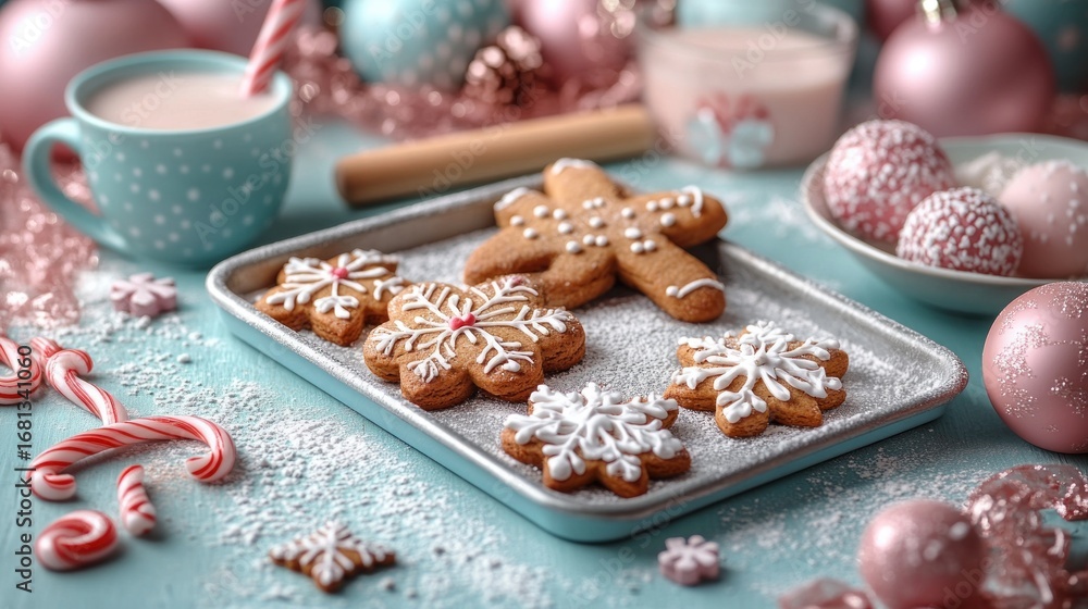 Fototapeta premium A tray of cookies and candy canes on a table christmas background