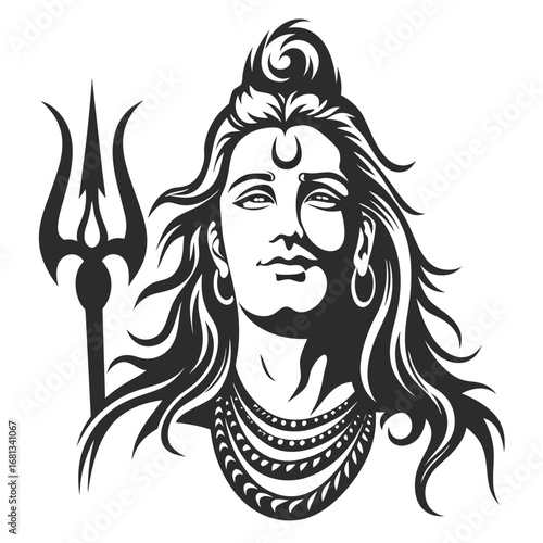 Lord Shiva Illustration Striking Pose with Trident, Adorned in Ornate Jewelry and Flowing Hair, A Captivating Black and White Design