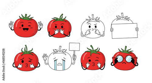 Cute tomato character expressing various emotions and poses for design