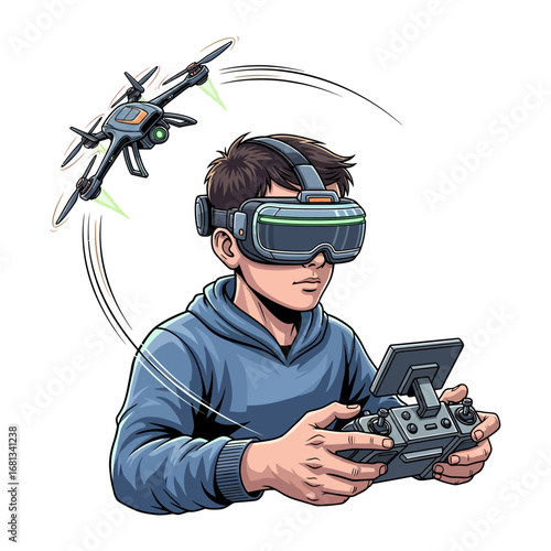 Immersive Flight: A young individual experiences the thrill of virtual flight, expertly maneuvering a drone with VR headset, against a dynamic backdrop of technology and innovation.