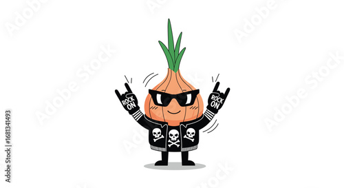 Cool cartoon rock star onion character with sunglasses and leather jacket