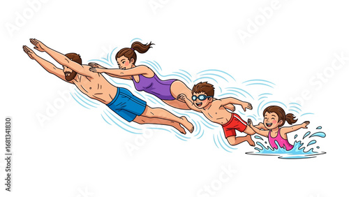 Diving Family: A joyful family dives into a pool, splashing and having fun. The scene captures the essence of togetherness and aquatic adventures.
