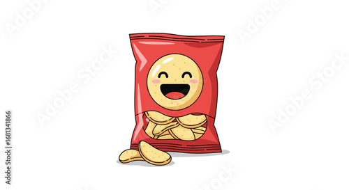 Crispy potato chips pack with happy face design and delicious snacks inside