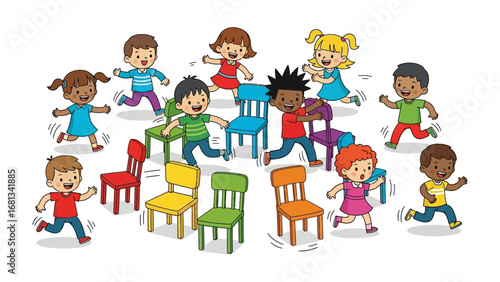 Musical Chairs: A vibrant illustration captures a lively scene of children joyfully competing in the classic game of musical chairs, chairs in the foreground, with bright and friendly colors