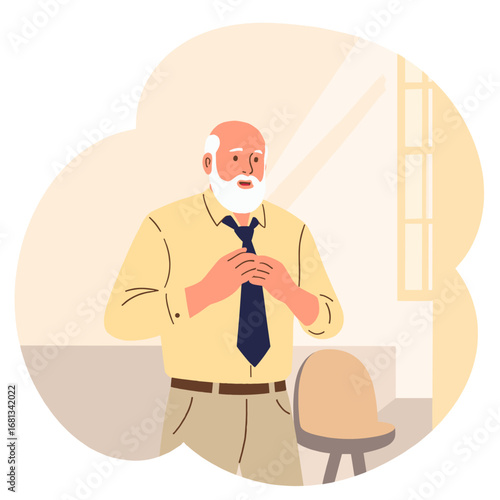 Elderly man tying necktie. Senior dressing up for occasion. Elegant old man adjusting clothes. Gentleman's daily routine in age. Elderly set