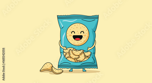 Cute happy potato chips bag character with crunchy snacks overflowing a fun snack food illustration