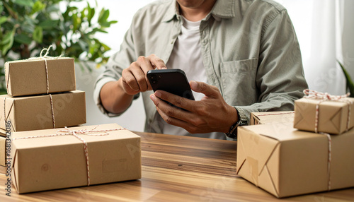 Man holding smartphone over table with freshly wrapped packages, showcasing delivery app, online shopping, and ecommerce concept

