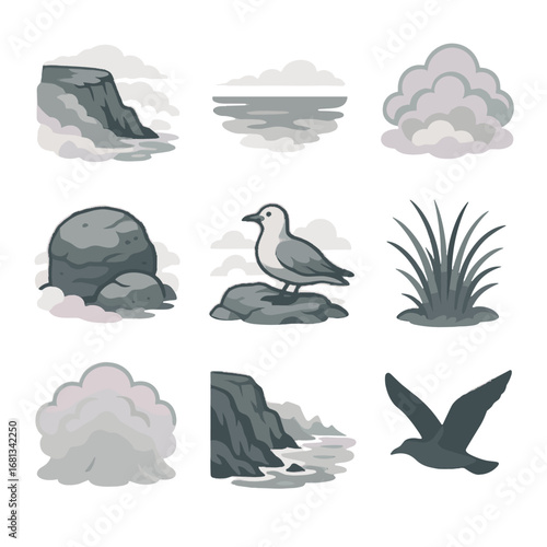 Horizon rocky foggy curtain fog vectors cliff vector weathered seagull sea icon