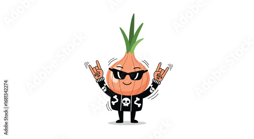 Cool onion character wearing sunglasses and leather jacket playing rock music