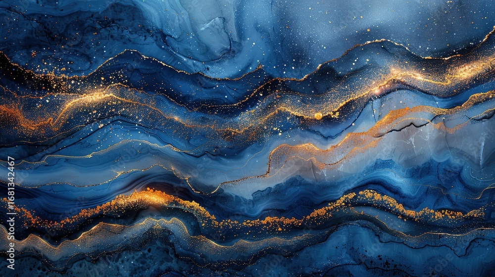 Fototapeta premium Abstract Blue Gold Marble Luxurious Background, Liquid Art Golden Glitter Water Texture High-Quality Wallpaper Design Material 