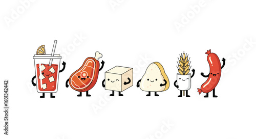 A group of adorable cartoon food characters standing together happily