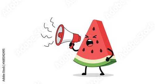 Funny shouting watermelon character holding a megaphone announcing something exciting for summer