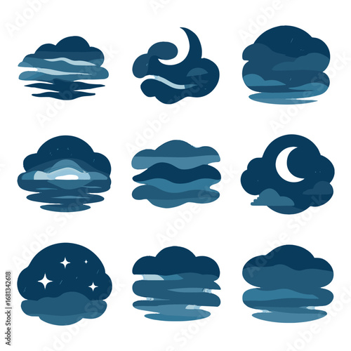Vector vapor icons horizon glowing banks moon nighttime haze mist starry icon