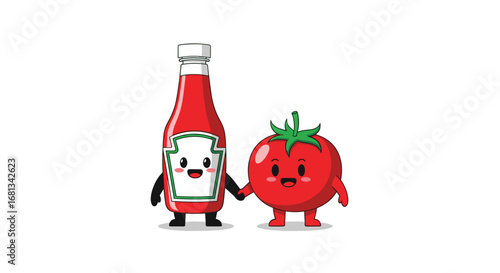 Happy tomato character holding hands with a ketchup bottle companion