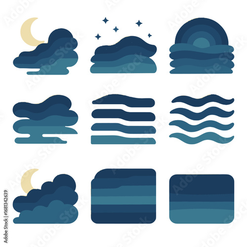 Icons nighttime horizon mist starry fog nocturnal silhouettes icon vapor vector night