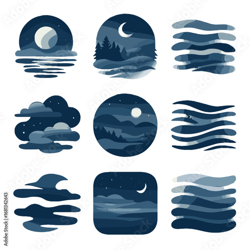 Ribbons silhouettes mist vector atmospheric hill gentle bands icon nighttime night vapor