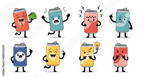 Eight expressive beverage cans showing different emotions and actions