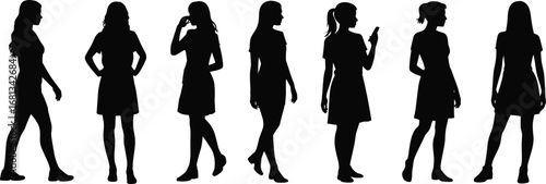 Female silhouette, walking pose, standing woman, dress, flat shoes, phone gesture, posture study, fashion figure, vector art, ilview, casual stance, modern woman, gesture reference