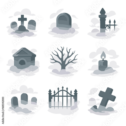 Tomb row grave graveyard tree misty vector icons haze gate mist icon