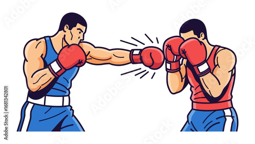 Dynamic Boxing Duel: Two muscular boxers, fists clenched and eyes focused, engage in a dynamic exchange within a professional boxing match. Depicting the intensity of combat and skill.