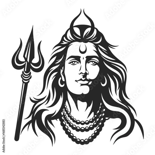 Illustrative Depiction of Lord Shiva with Trident and Ornamentation Symbolizing Hindu Mythology and Spirituality with a monochromatic presentation
