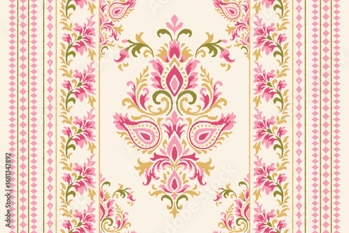 Ethnic ikat floral embroidery seamless pattern, traditional textile design with paisley and damask ornament, ornamental vintage fabric decoration, abstract boho folk art background illustration.