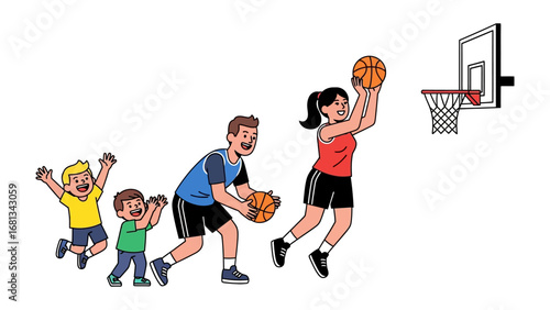 Family Basketball Fun: A spirited family joyfully engages in a basketball game, with the mother showcasing a skillful shot towards the hoop, while children and father enthusiastically prepare.