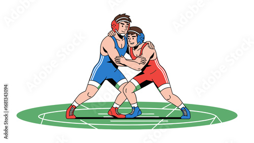 Dynamic Wrestling: Two wrestlers locked in a competitive embrace on a vividly illustrated mat. Their focused expressions and dynamic stances portray the strength and skill of the sport.