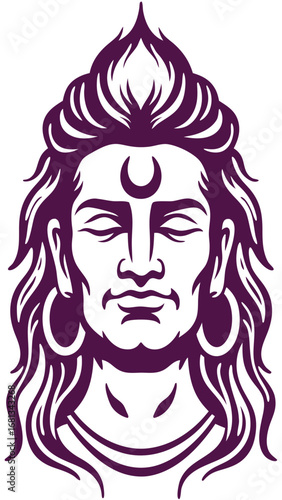 Lord Shiva Meditative Face with Crescent Moon Adornment and Elaborate Hairstyle Depicted in a Striking Monochromatic Illustration