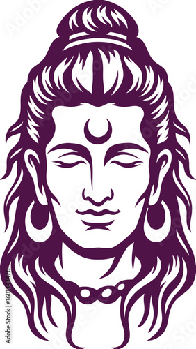 Lord Shiva Face Illustration Serene Spiritual Art with Crescent Moon and Intricate Hair Design Featuring Divine Grace and Mystical Elements