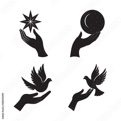 silhouette wish hand releasing dove ,holding the moon , 
 and star set bundle on the white background