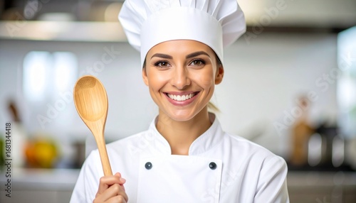 Portrait of a happy young female chef in uniform holding a wooden spoon, smiling in a professional kitchen. Culinary arts and gastronomy concept