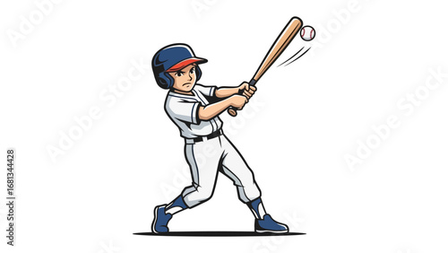 Baseball Player in Action: Dynamic vector illustration of a determined baseball player swings a bat to hit a baseball. Highlighting the energy and motion of sport