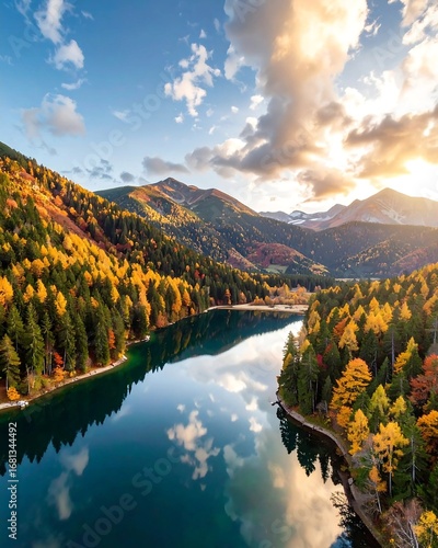 Drone captures autumn mountain lake with forest reflection at sunset