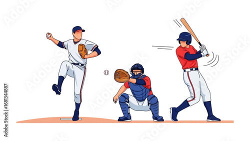 Baseball Action in Play: Witness the intensity of baseball unfold, featuring a pitcher mid-throw, a catcher poised for the catch.