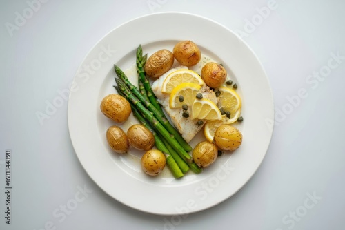 Healthy baked fish with asparagus and potatoes served on a white plate