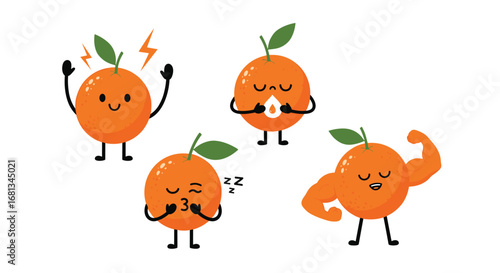 Cute oranges expressing different emotions and activities such as energy sleep and strength