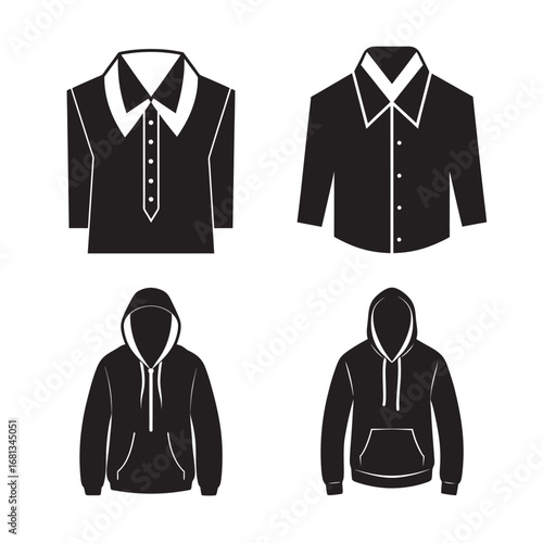 silhouette of T-shirt with collar and hoodie shirt, set bundle on the white background