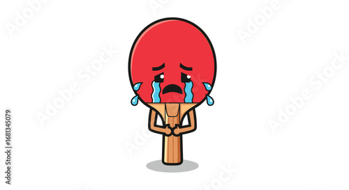 A sad table tennis racket crying tears of sorrow in distress