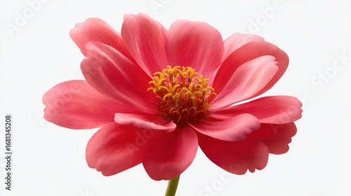 Blooming coral flower with golden center, delicate petals on bright white