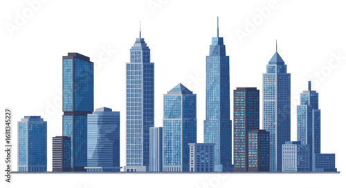 Illustration of a futuristic city skyline with tall skyscrapers, clean lines, and glass architecture in various modern geometric shapes, forming an urban jungle.
