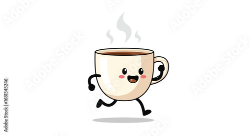 Adorable cartoon coffee cup character running with steam and a happy face